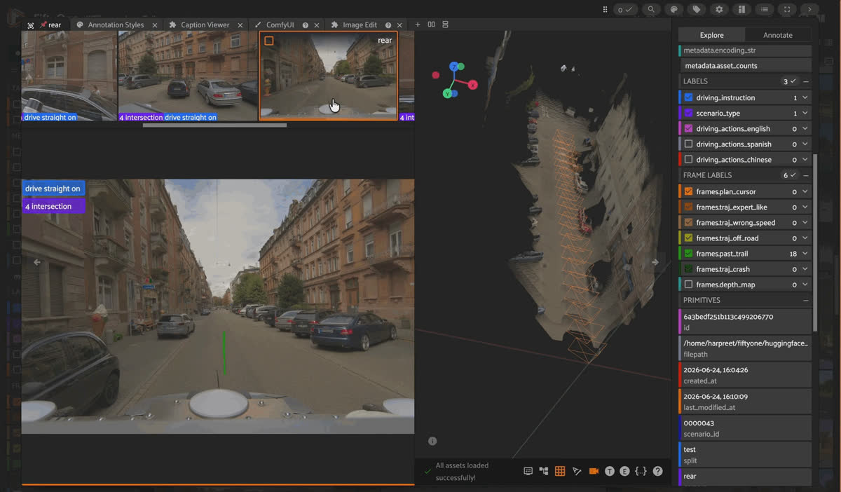 A single nine-second scenario in FiftyOne, with the 2x3 surround-camera montage playing beside the VGGT-Omega point cloud reconstructed from the front camera.