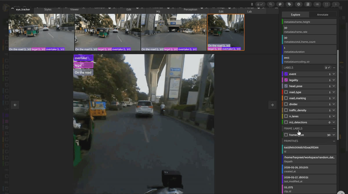 FiftyOne App showing MOTOR two-wheeler rider clips with a Dashboard panel of head pose, divider, and lane-count distributions