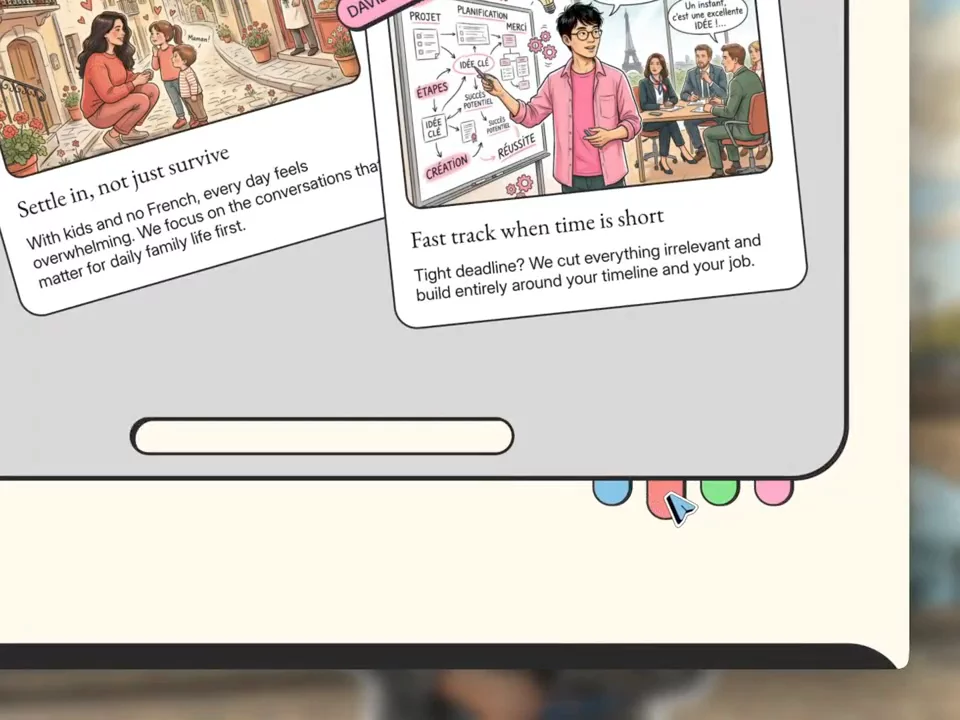 Draggable magnets on a fridge board. Real client stories for a French tutor, fully interactive. Framer said yes.