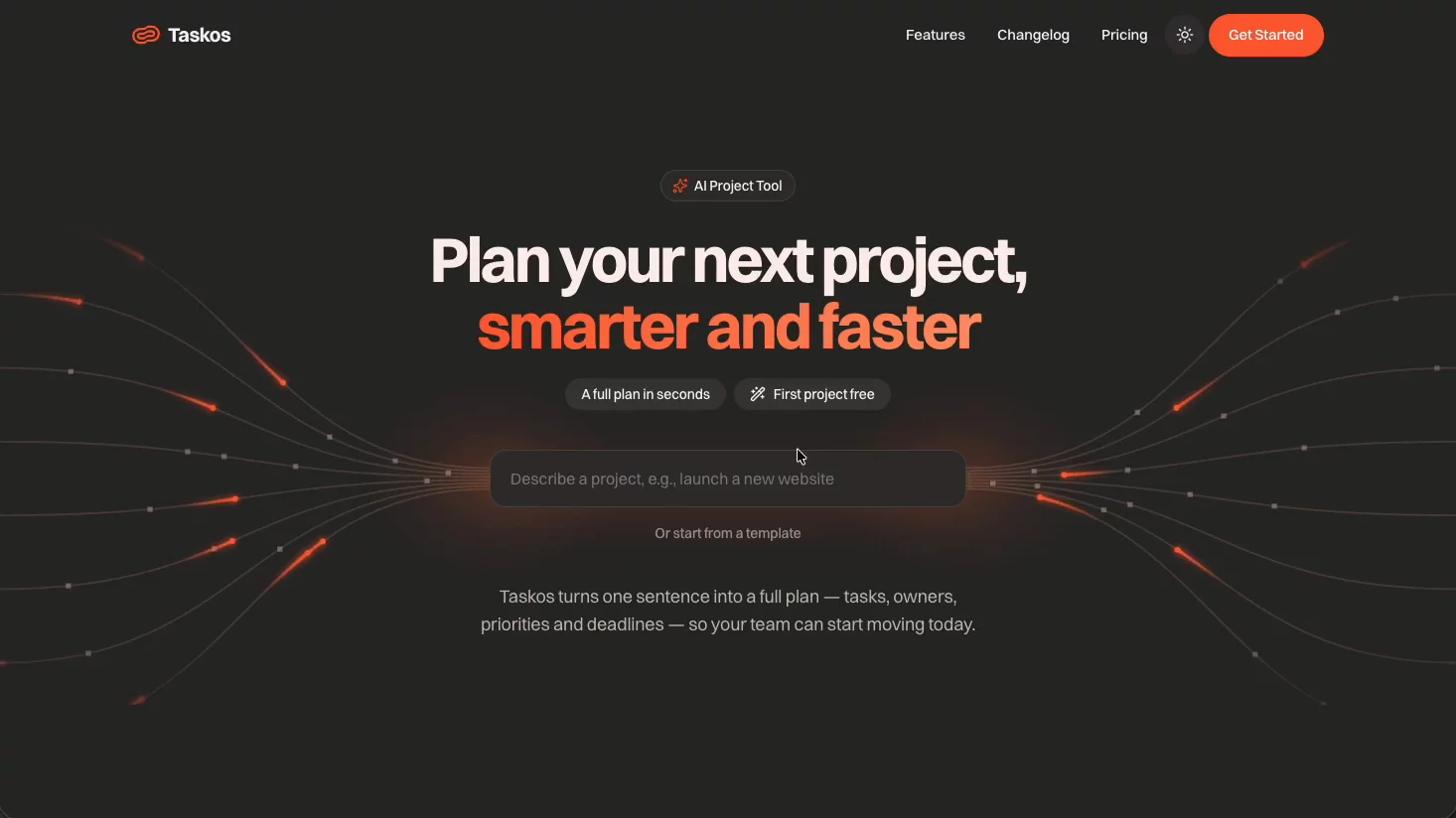 Just finished the hero section for Taskos, an AI-powered project planning tool. 🖤🟠Hero section's done, more coming soon. 🚀