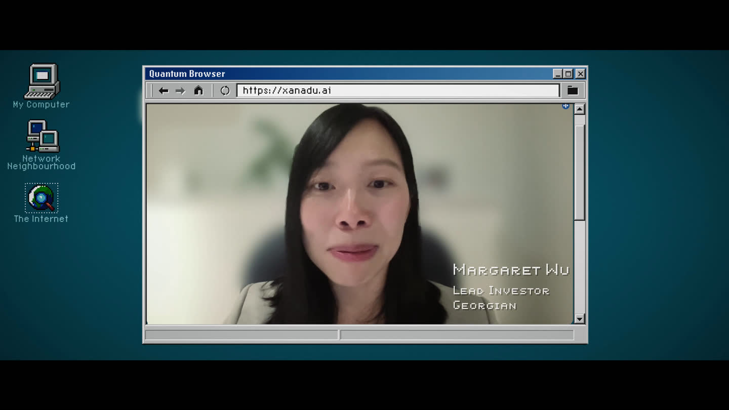 Film still: a remote interview participant with a relaxed expression inside a retro computer interface