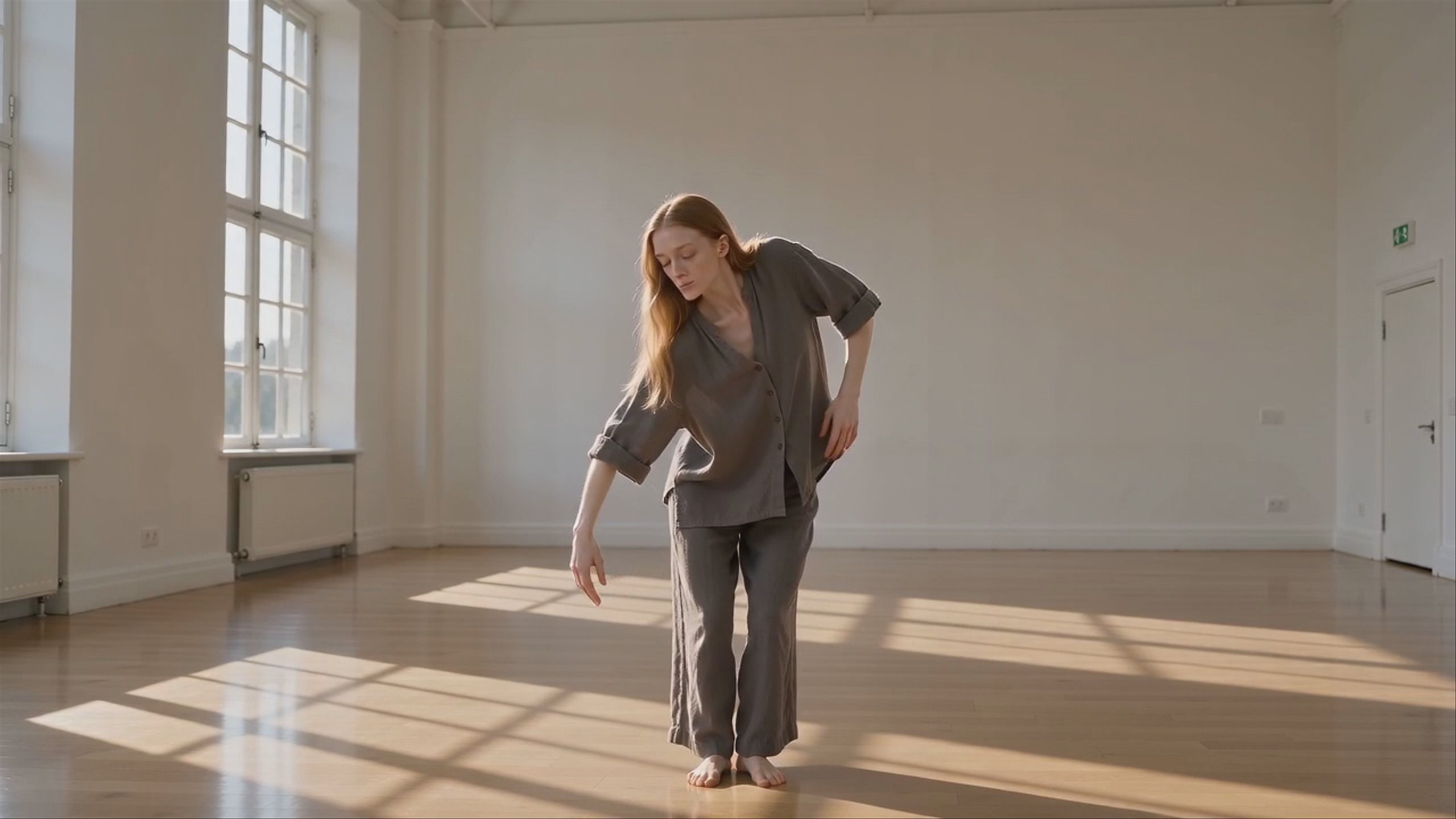 A dancer in a charcoal linen suit moves slowly through an empty daylight studio, full figure in frame.