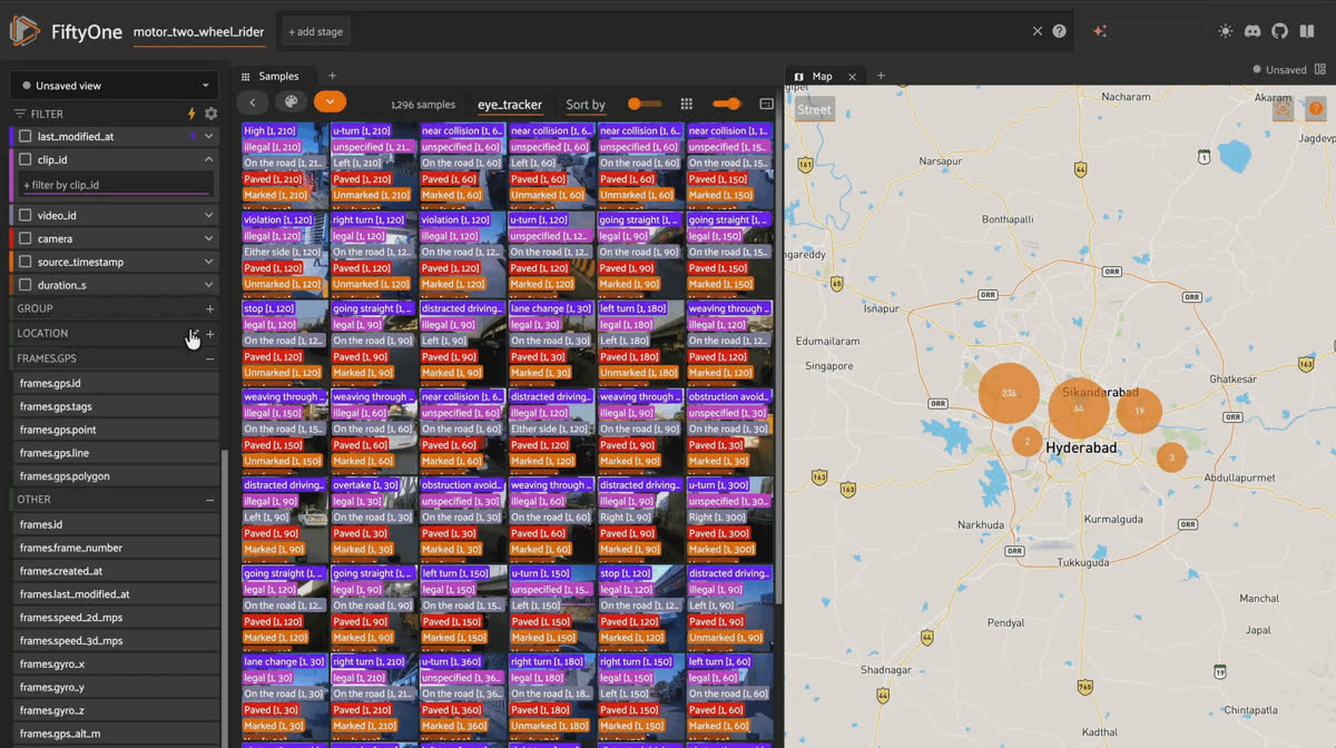 FiftyOne grid of MOTOR eye-tracker slice clips with event, legality, and road-context labels across Indian traffic scenes