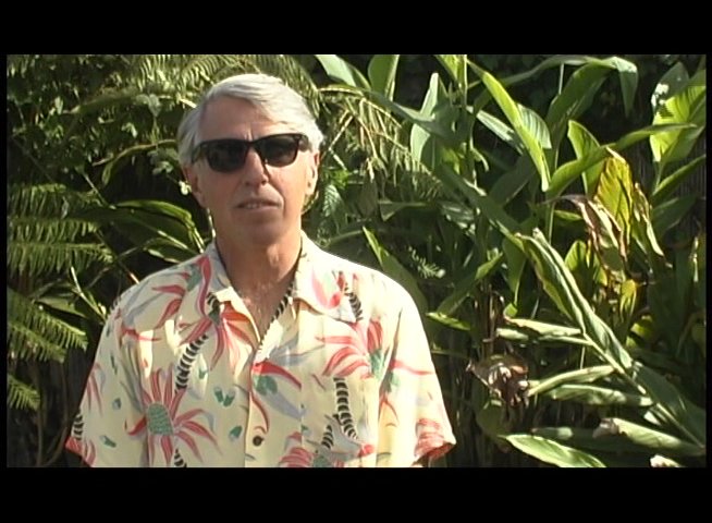 An experienced surfer demonstrates wave-riding techniques while a commentator provides professional insights in a tropical setting.