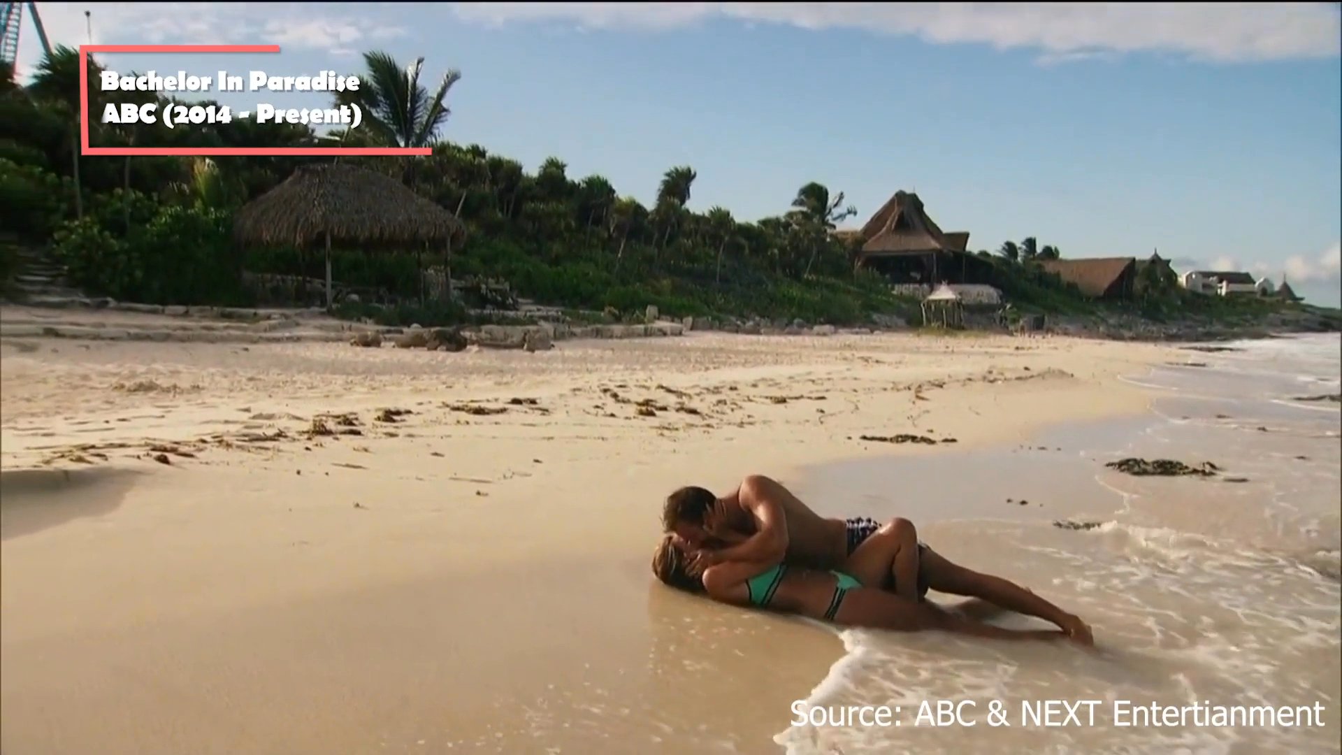 Contestants engage in romantic activities and social interactions at a tropical beach resort during the reality series Bachelor in Paradise.