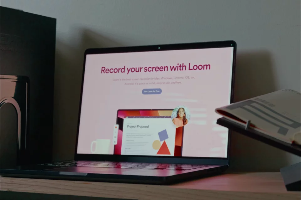 Web animation of web page that says "Record your screen with Loom", with a cam-bubble of person being recorded with their webcam