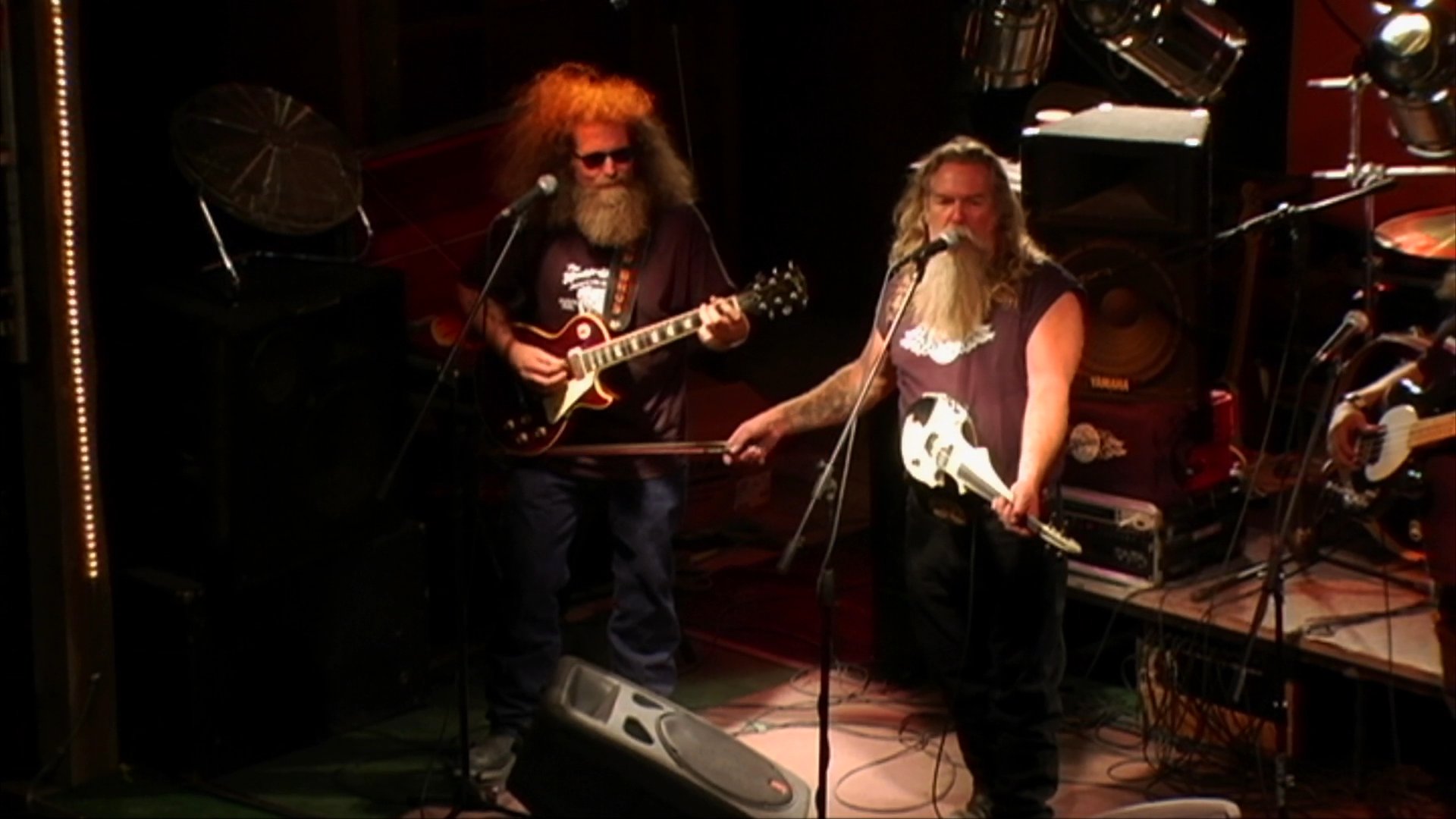 A long-haired, bearded man performs a song on stage while playing the electric guitar. The artist sings into a microphone during a live musical set.
