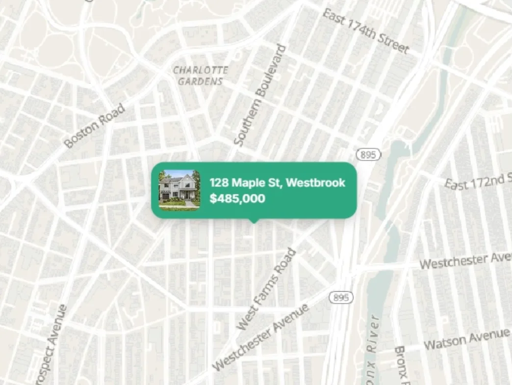 Added an info bubble to the map pin: photo, title, details and price.Everything connects to the CMS, so each listing shows its own data.Which detail would you add to the bubble?