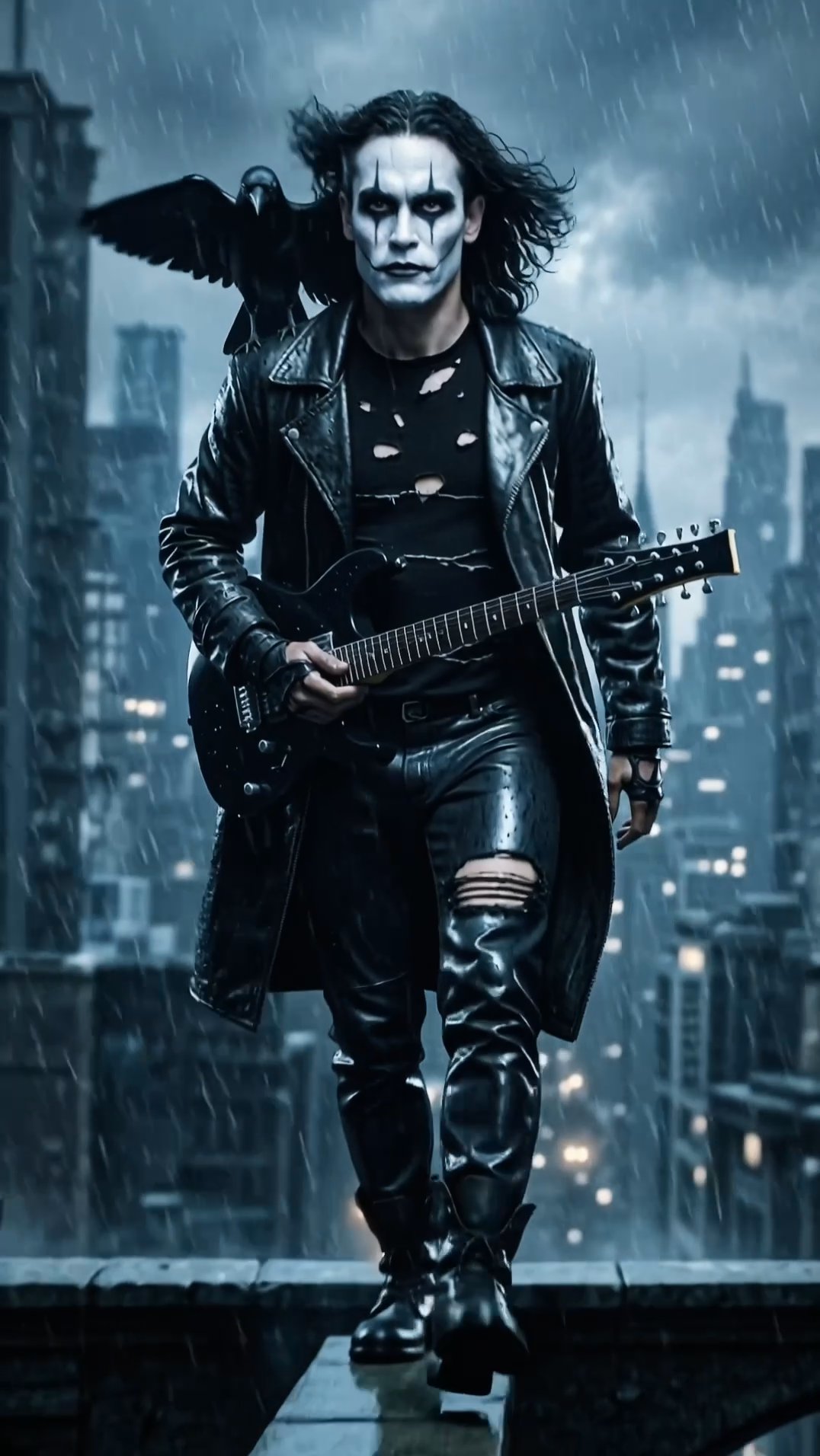 The Crow is back exploring the city on a rainy day