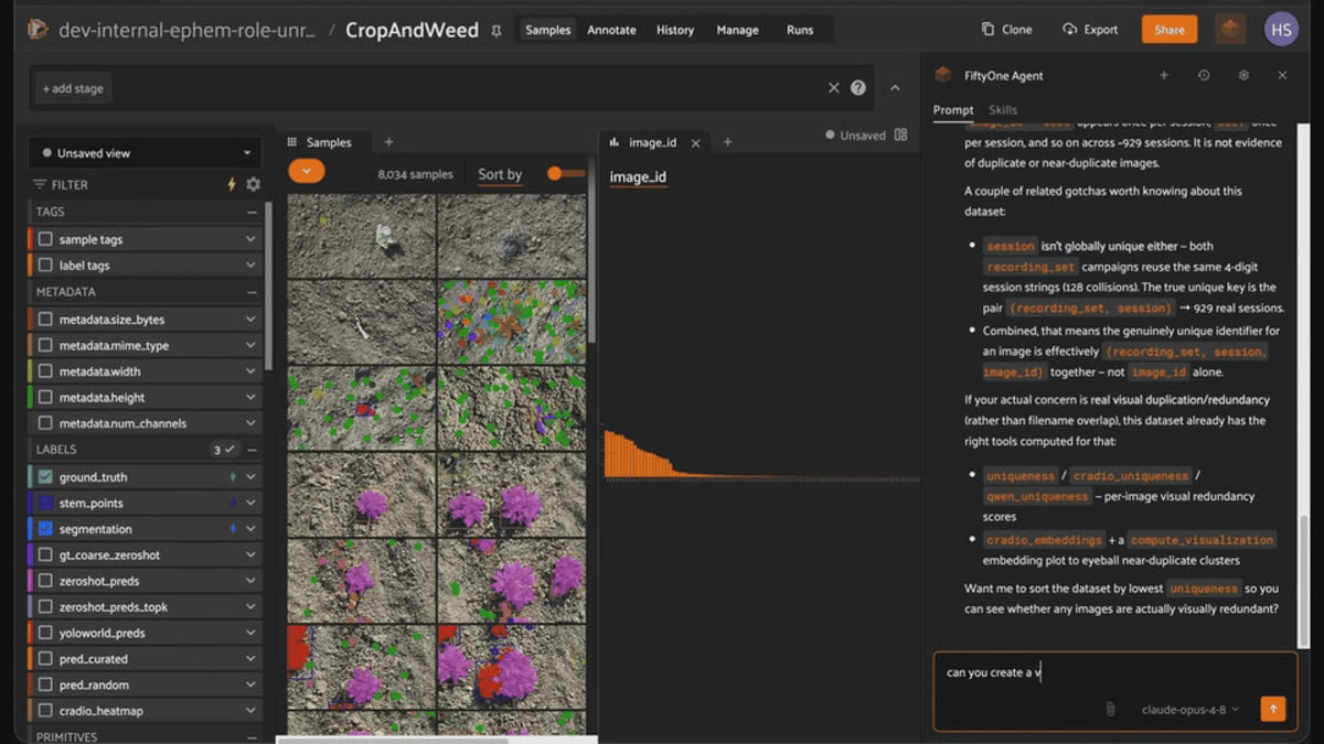 The FiftyOne Agent explaining that CropAndWeed's image_id repeats per recording session and is not a reliable signal for duplicate images.