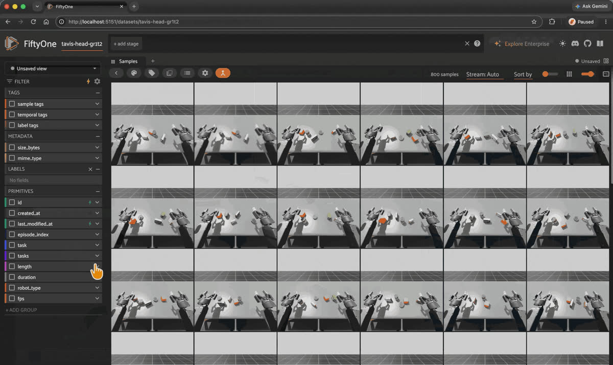 FiftyOne App showing a LeRobot dataset of robot arm episodes, with the sidebar filtering 800 samples down to 100 by task.