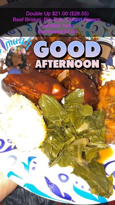 Johnson Brothers BBQ - Double Up $21.00 ($28.55) SAUCE is  Beef Brisket, Rib Tips, Collard Greens, Candied Yams Cornbread Muffin - Barbeque Near Me - Compton, California