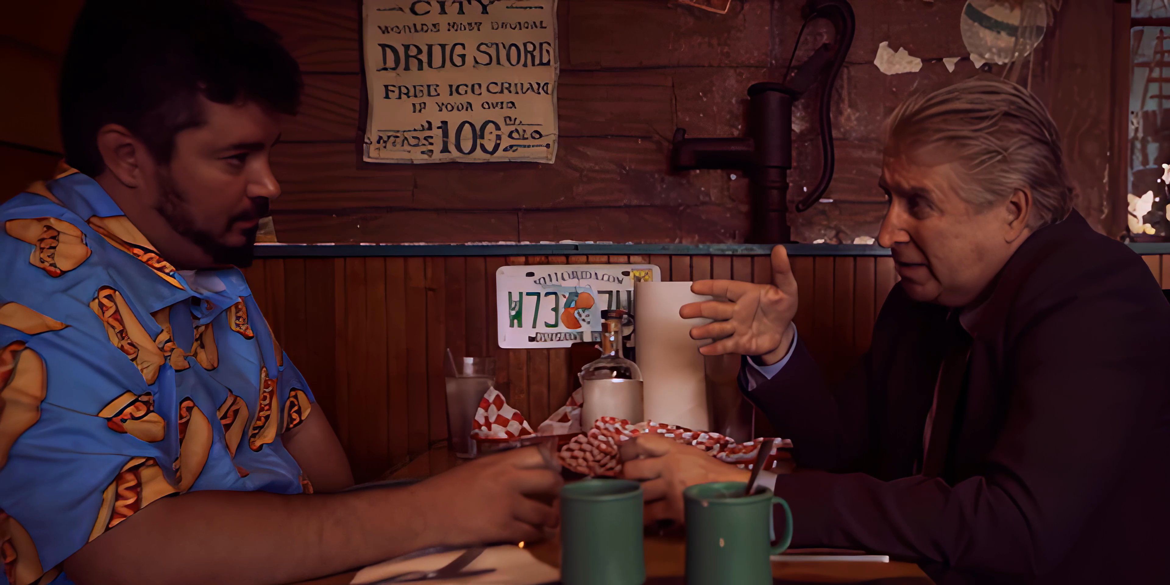 Two men engage in a serious, focused conversation while seated across from each other in a rustic diner booth. The visual focus shifts between the participants as they communicate through gestures and sustained eye contact.