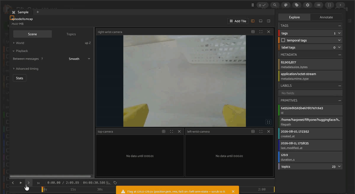 Hovering the fold_the_inside_out_t_shirt point on the outlier scatter, then opening that episode's multimodal viewer with flagged spans on the timeline.