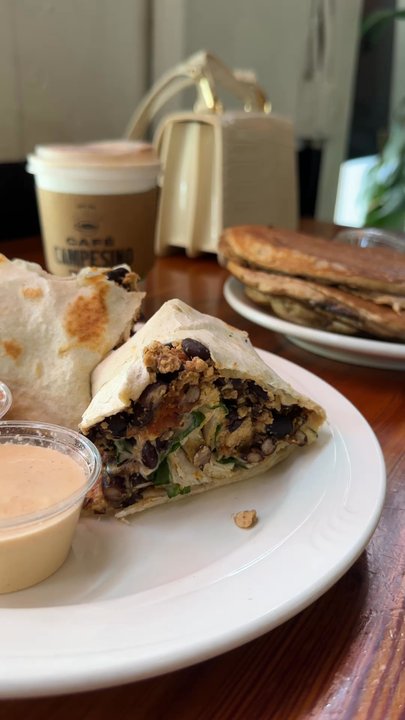 Sentient Bean - Yum vegan breakfast burrito and peach pancakes - Coffee & Tea Near Me - Savannah, Georgia