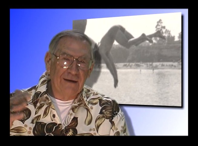 An elderly man recounts historical experiences against a backdrop of archival imagery featuring coastal piers and beach scenes. His narrative provides a personal perspective on local history and maritime landmarks.