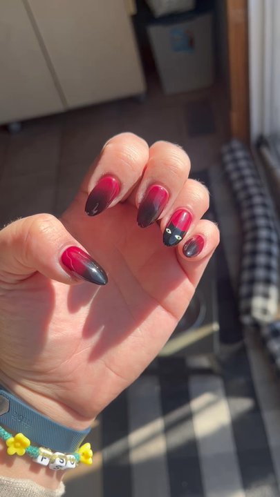 Polish Muse - Gel x fill in. Ombré burgundy to black with black cat! - Nail Salons Near Me - Chicago, Illinois