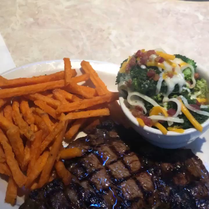 Bubba's 33 - Ribeye with sweet potato fries and loaded broccoli (upon request) - American Near Me - Peoria, Arizona