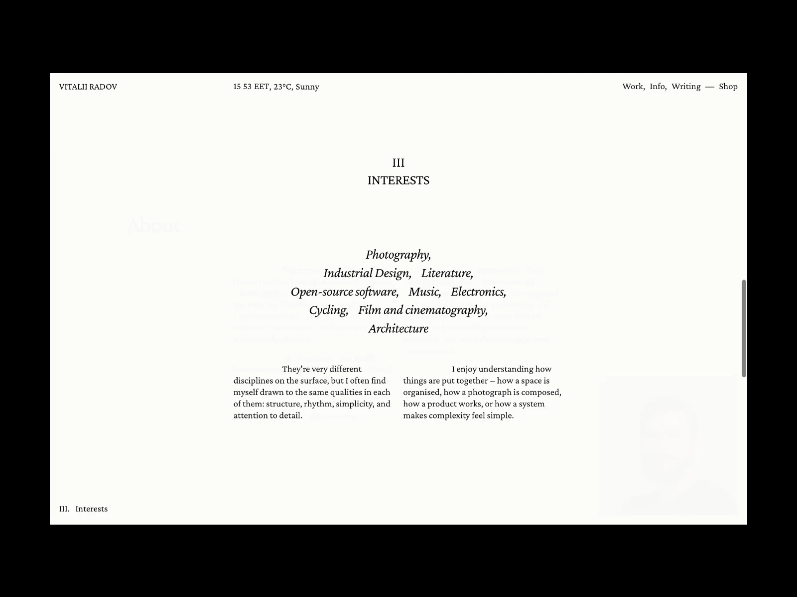 On this page, I've tried to tell you a little about myself, my interests, my principles, and what I do besides design and development.https://www.vitaliiradov.com/info/about