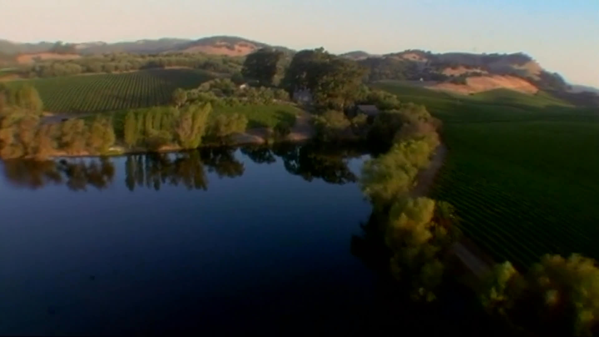 Aerial views sweep over a lake, wooded grounds, and vineyard rows, followed by an interview with an older man seated among lush garden plants. He recalls arriving 16 years earlier, after Renee sold the vineyards and gained a substantial sum of money.