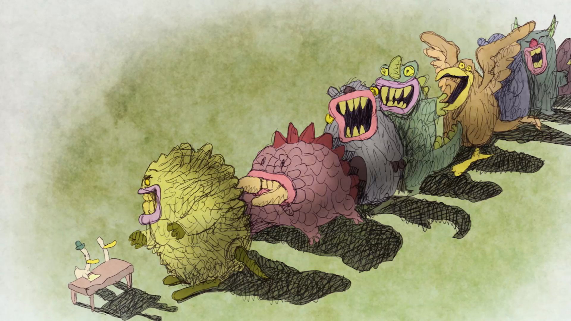 Various colorful, toothy monsters queue up for an audition evaluated by a pair of skeptical ducks at a desk. The ducks react with surprise and confusion as the creatures perform their displays.