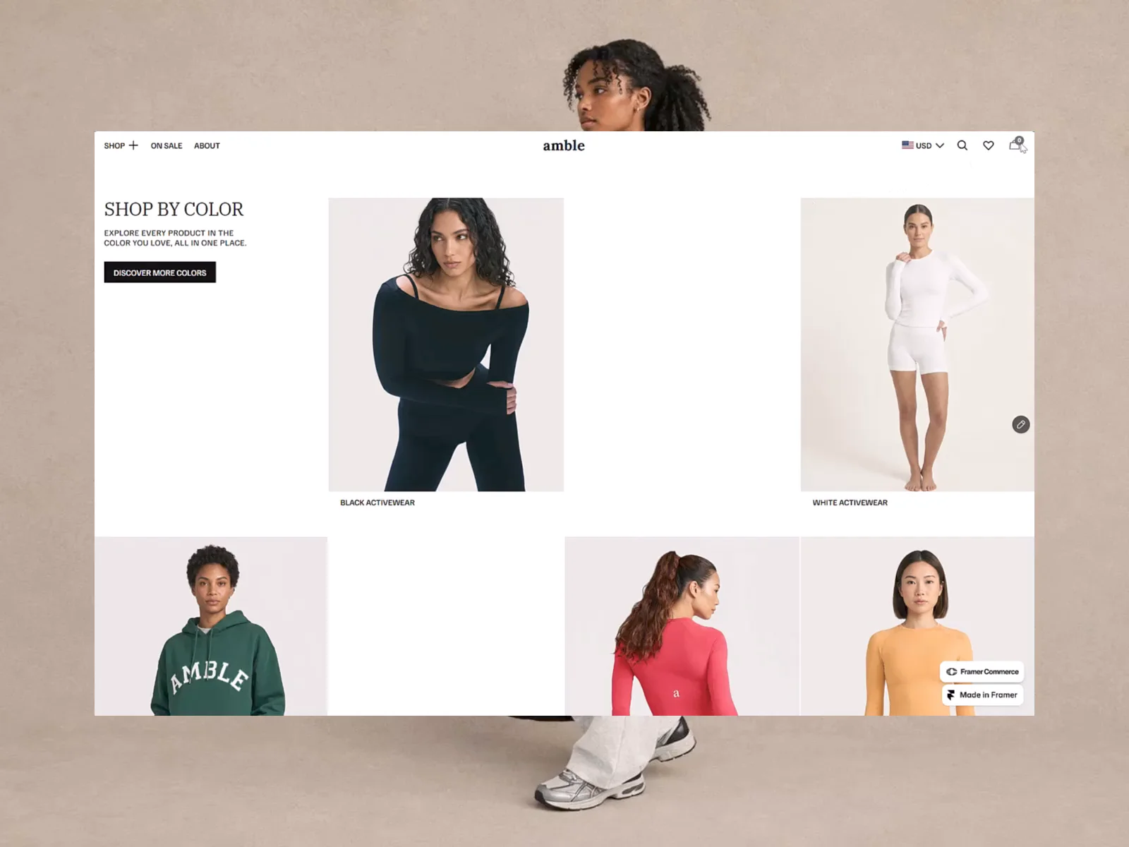 First and upcoming e-commerce template featuring an empty cart modal, powered by @Framer Commerce.