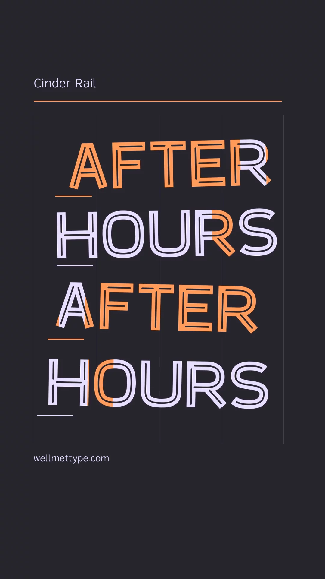 After hours — a small motion study with our Cinder Rail typeface.The lettering stays readable while small rotations and a moving orange/lavender colour window do the work. Keeping the family name and URL still gives the eye somewhere to rest. The eight-second loop uses the released font outlines.For a web version, I'd keep a still poster for reduced-motion visitors and test the inline strokes at the final display size.Character sheet and specimen: https://wellmettype.com/typefaces/cinder-railThe typeface was developed using AI tools.