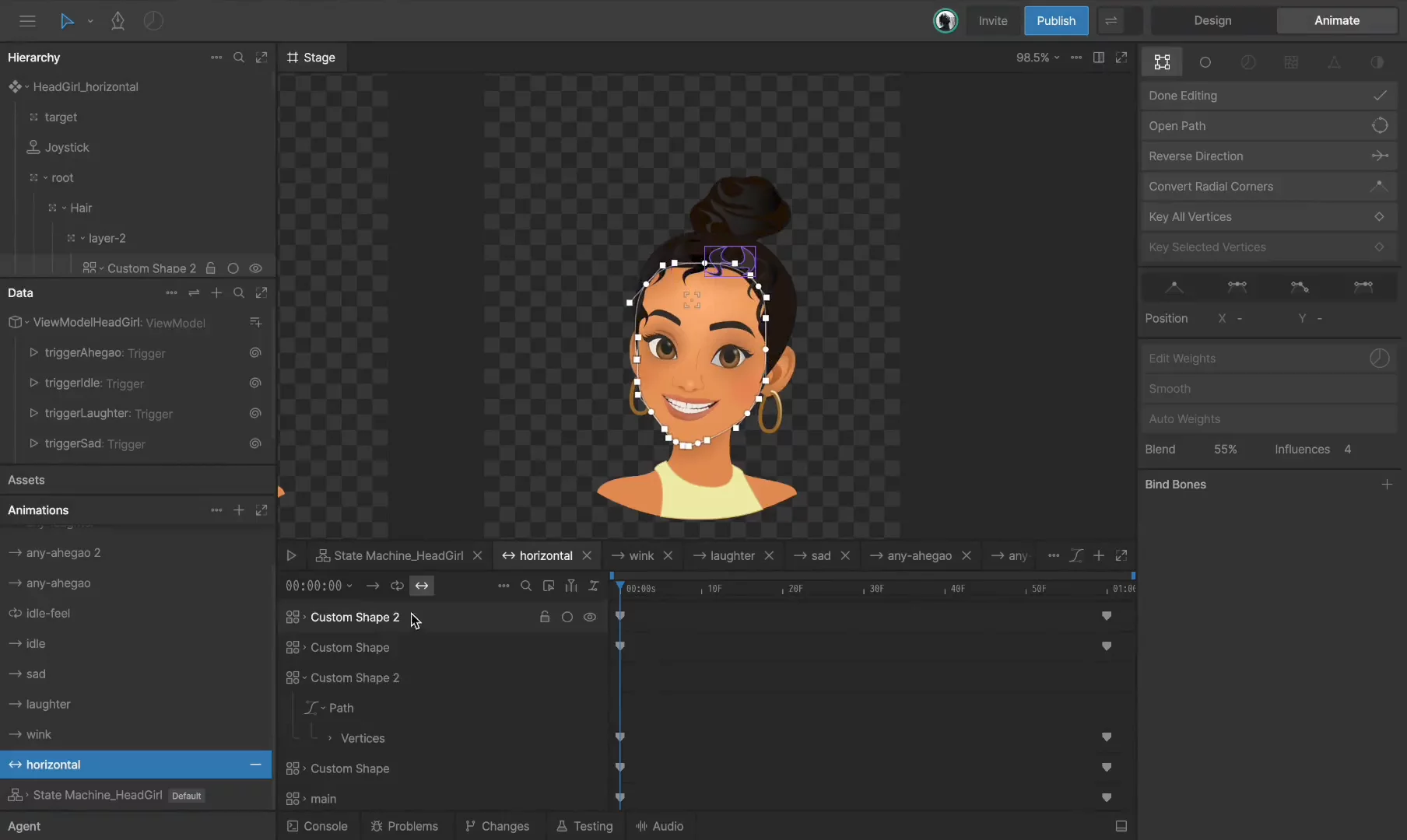 Working with vector graphics in @Rive has its own specifics.I still remember the feeling when I realized I could work directly with vertices, and I immediately wanted to make something more complex than the simple geometry of a button or a card.A mascot, of course!There is so much hype around them that it would have been strange to ignore the topic:)On the other side of the gap, there are meshes and bones over raster graphics. And yes, that is a powerful tool, especially for realistic looping idle animations.But I still decided to dive into this sandbox of vector-node dependencies and angles, draw-order changes, clipping automation, animated gradient movement, and keeping all of it working across every state of the character.What still genuinely makes me laugh is that this girl mascot was originally inspired by a website template created by our web development team. By the way, here it is: @Hella Fast:))Then, somewhere in the middle of our usual work chaos, we got carried away and built an entire web app around it.Inside the app, we connected Rive to an AI-powered nutrition agent that helps users plan their daily meals — and now it can express emotions through the mascot.The creative side of planning was also surprisingly interesting 😅 Most animated mascot requests we receive are built around reactions to streaks and achievements, so naturally, I initially planned those kinds of screens as well.But once this Rive girl found her place inside the agent chat, the achievement page gradually turned into an internal shop for skins and visual themes.Anyway, I was glad to share this story 🫶🫰If you have any questions or suggestions, we would be happy to hear them.I won’t throw links around here🤓  but if anyone wants to play around with the app, leave a comment and I’ll drop the link in the replies :)There’s actually quite a lot of functionality in it.всем Rive:)By the way, has anyone tried deploying a web app in Framer?