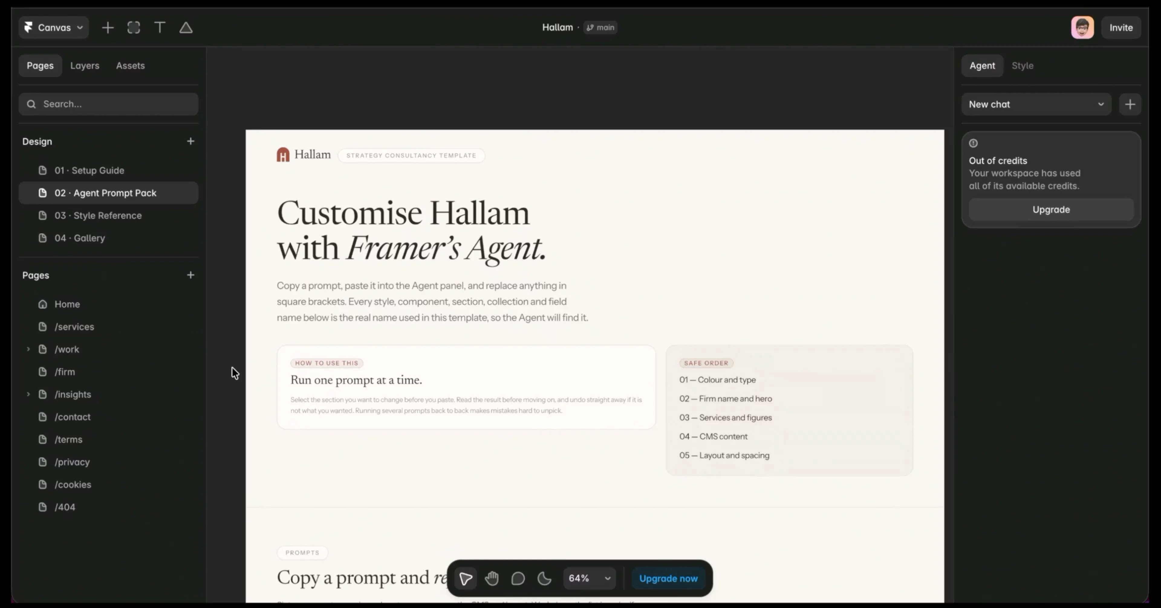 Using design pages in @Framer is a underrated way to ship a setup guide, prompt pack, and more with a template or project handoff. Just open the project, and the instructions are just there, next to the pages they describe. Here’s how it looks in my template ‘Hallam’ 👇