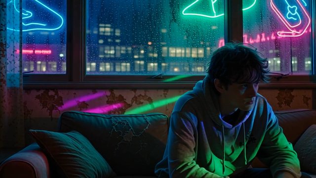 Neon lights are bleeding through my window pane
