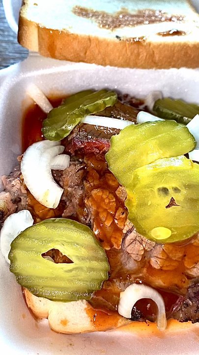Jasper's Bar-B-Q - Sliced Brisket Sandwich with Pickles and Onions - Barbeque Near Me - Waco, Texas