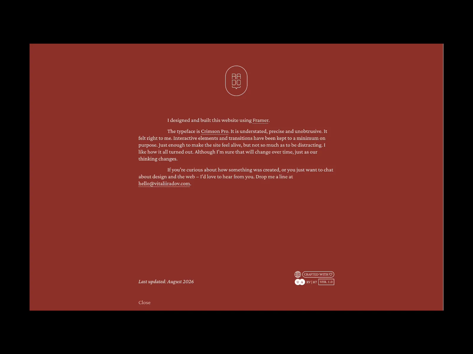 Footer → Colophon. Desktop version.https://www.vitaliiradov.com