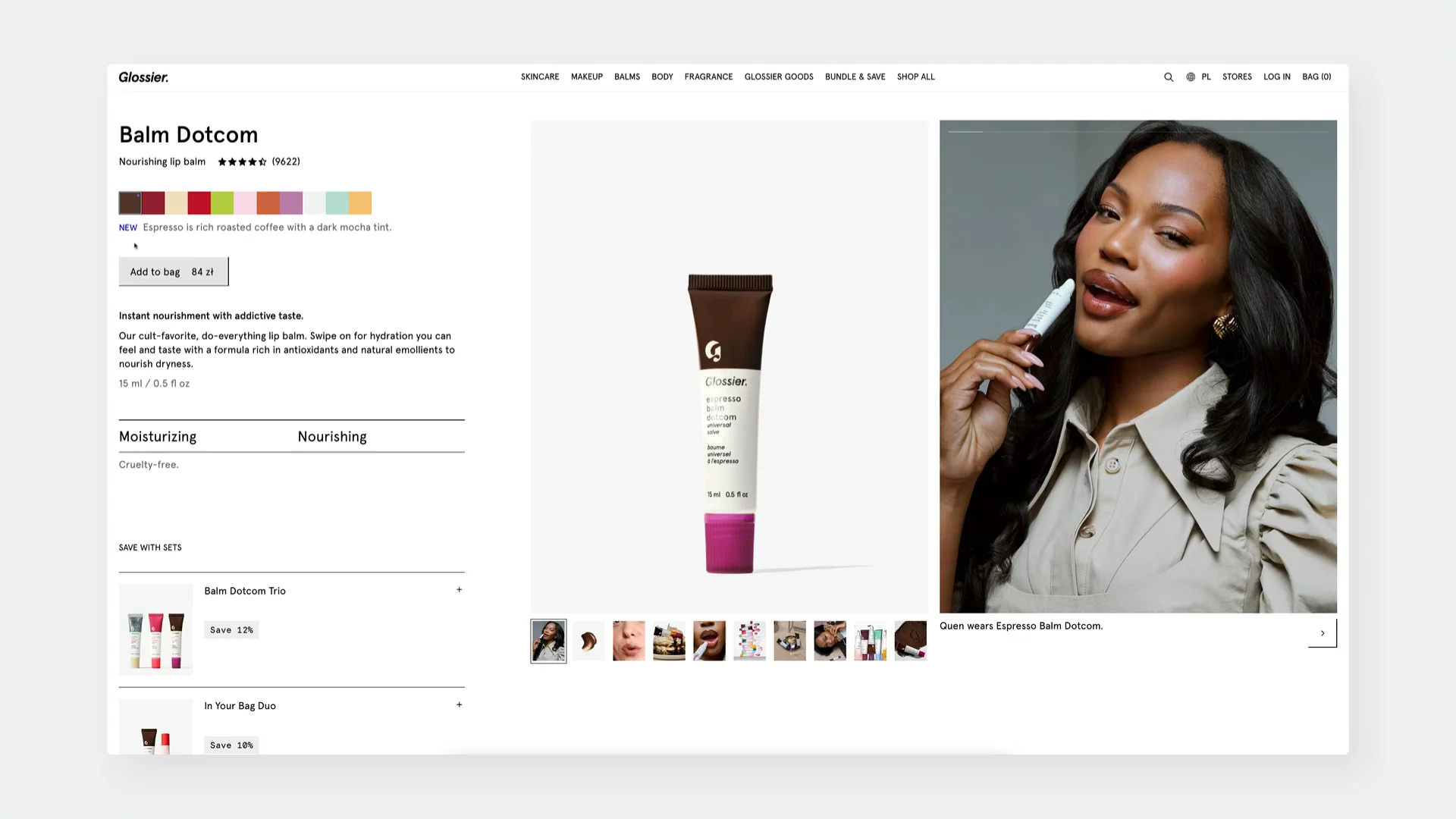 Glossier product page for Balm Dotcom lip balm featuring interactive color swatches that represent different scents, not shades. Clicking a swatch updates product imagery, description, and price without a full page reload. A central product photo and close-up lip application view reinforce visual feedback, creating a playful yet seamless shopping experience.