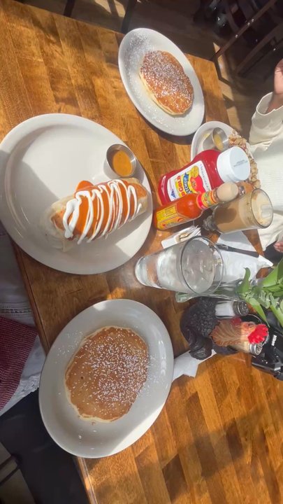 Breakfast House - the spread of food: breakfast burrito, pancakes, potatoes, latte, and grilled sandwich (i forgot what kind) - Breakfast & Brunch Near Me - Chicago, Illinois