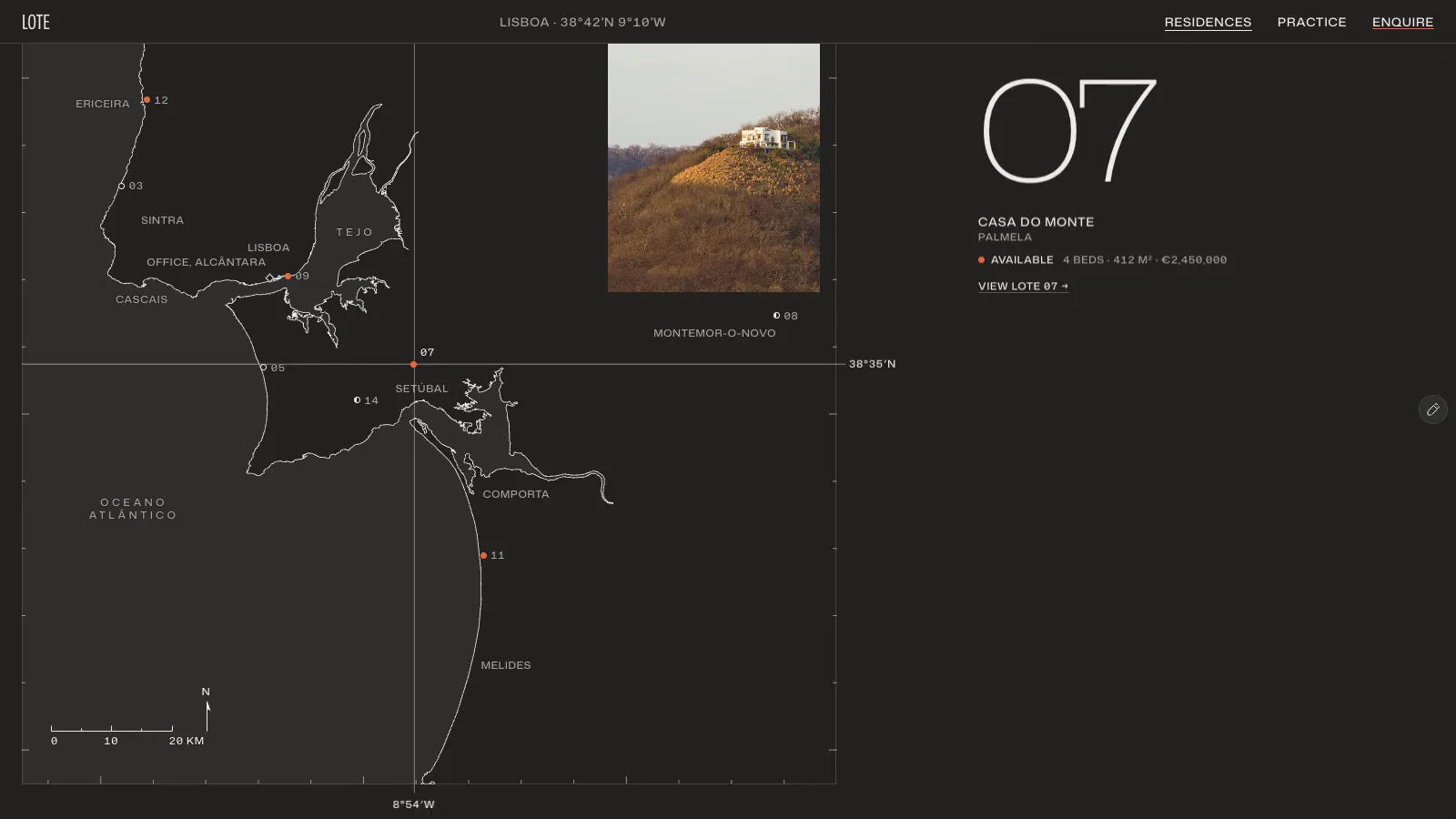 A closer look at the type in Lote’s residence index.Oversized plot numbers beside the smaller property details, with plenty of space for the photography.https://excellent-favorites-639729.framer.app/