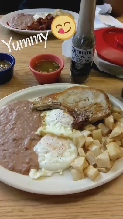 La Campana - Chuleta plate and Carne Guisada plate....both with eggs over easy, potatoes & beans. Super delicious! - Mexican Near Me - Amarillo, Texas