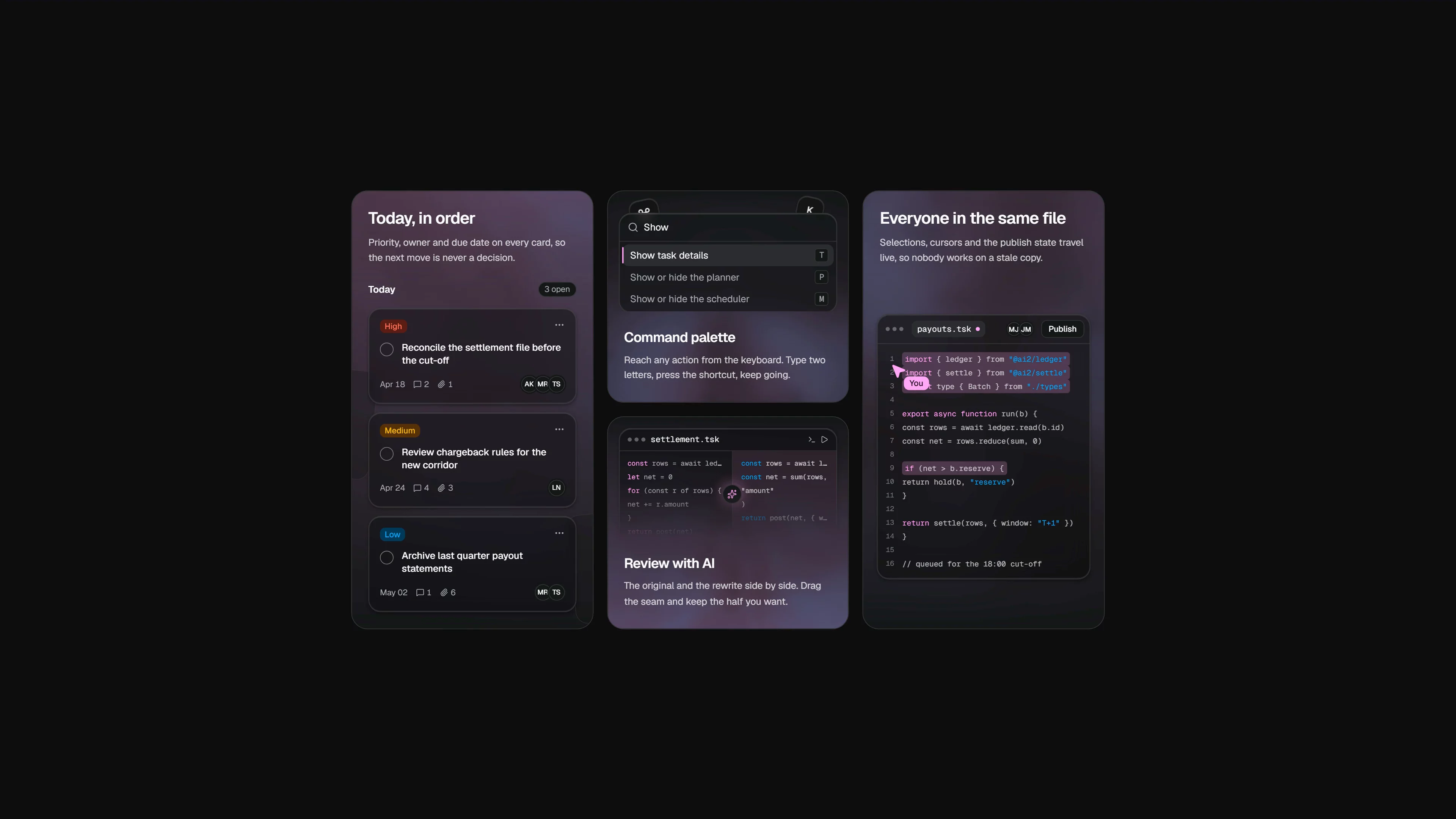 Bento 01 — Capability Bento — AI2 Design.Four cards, none of them a screenshot.Coming soon to the Framer Community.