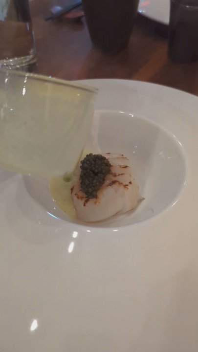 M Tempura - Kaiseki course 4 of 10. Atsu-mono (warm dish). Scallop from Hokkaido, Japan, curried cauliflower puree, kaluga caviar. $127/meal. - Japanese Near Me - Durham, North Carolina