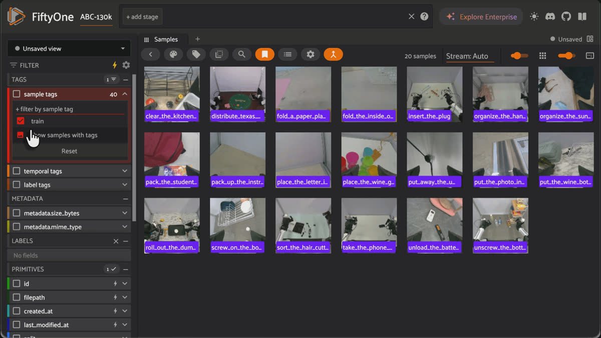 Filtering ABC-130k episodes by train and review_holdout sample tags in the FiftyOne App sidebar after export.