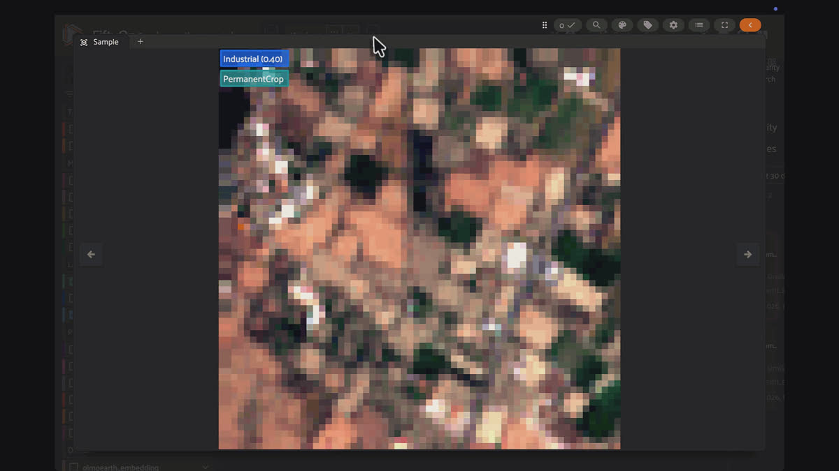 FiftyOne's similarity search ranks every tile by visual nearness to a selected sample — one click to surface the closest matches across the dataset.