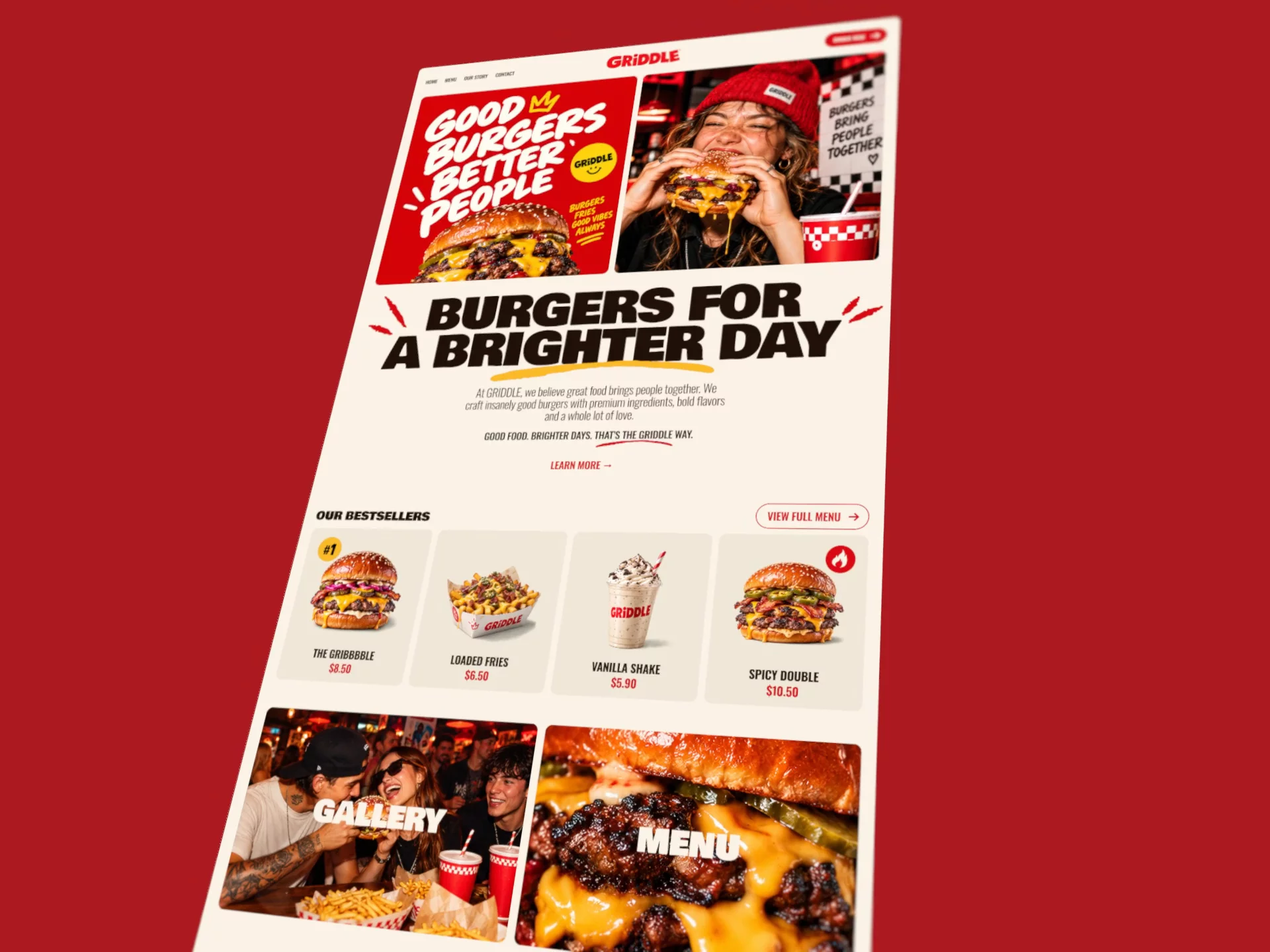 GRIDDLE — free burger restaurant template in progress 🍔Built most of the homepage and visual system this weekend. Going for something bold, playful and easy to customize.Still working on the menu, contact page and responsive version.Would love to hear what you think so far 👀