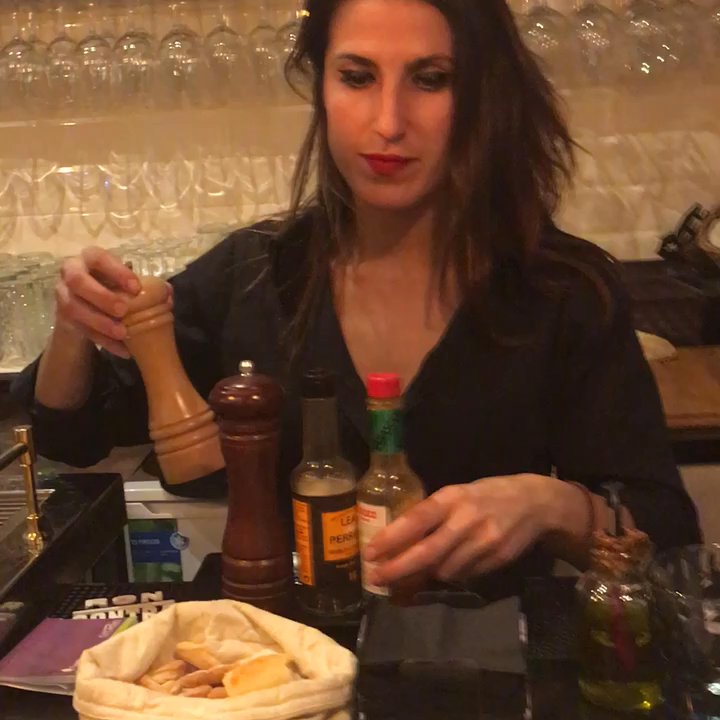 Madridaje - Julia mixing the steak tartare -- served with mustard ice cream - Tapas/Small Plates Near Me - Madrid, M