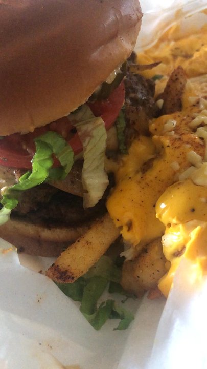 Memphis Mojo Cafe - Take out order: super Burger with cheese fries - Cafes Near Me - Bartlett, Tennessee
