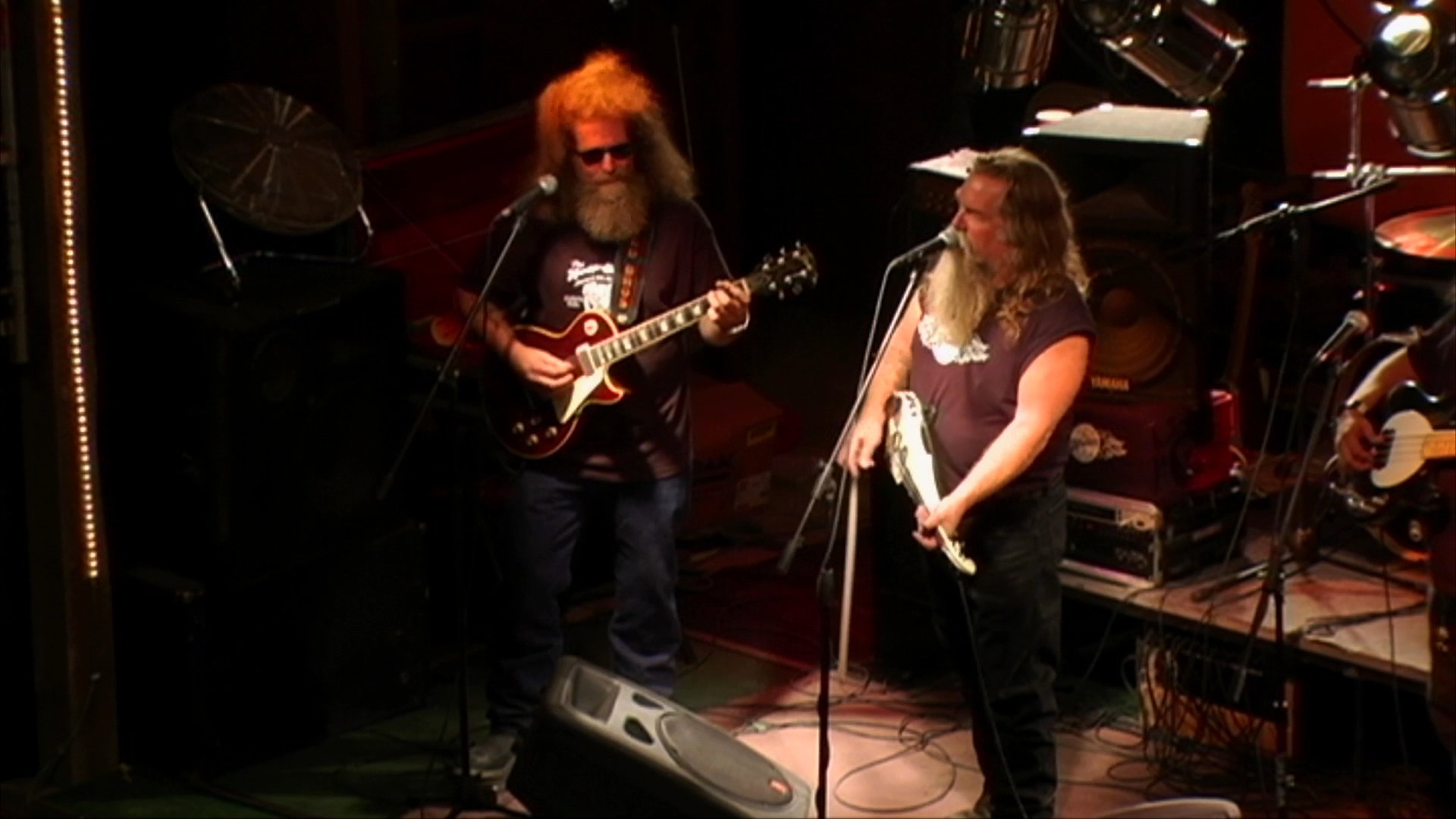 A bearded vocalist and guitarist performs on a concert stage, leading a rock band during a live set. The artist commands the stage with passionate singing and dynamic hand gestures under spotlighting.