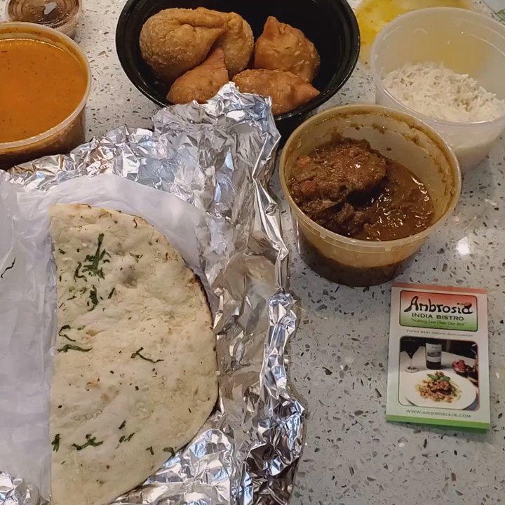 Ambrosia India Bistro - Aptos - Chicken Tikkka Masala, Chicken Curry, Garlic & Butter Naan Bread, Vegetable Samosas & White Rice. All delicious! - Indian Near Me - Aptos, California