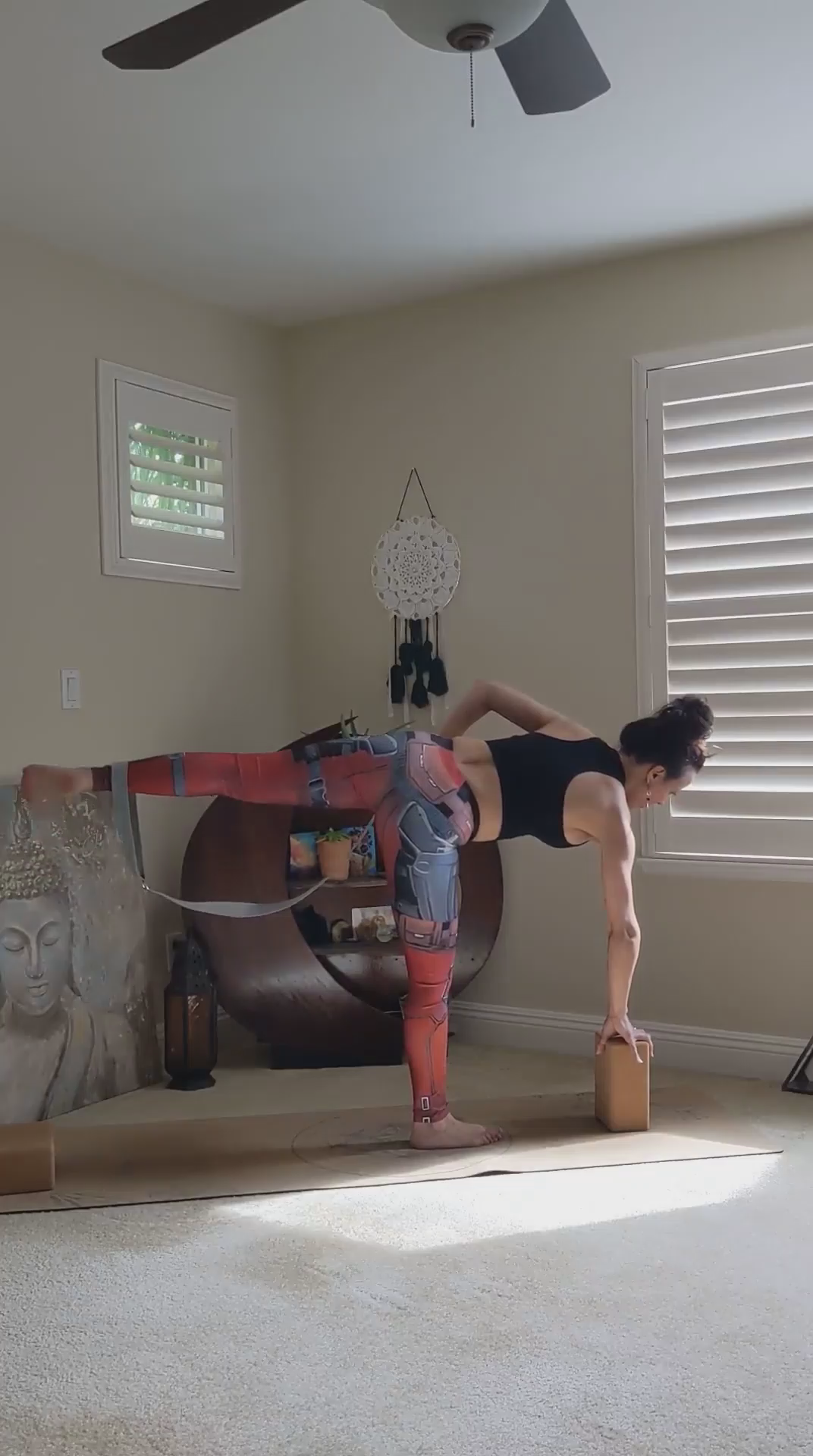 Sugar Cane Pose Using a Block and Yoga Strap