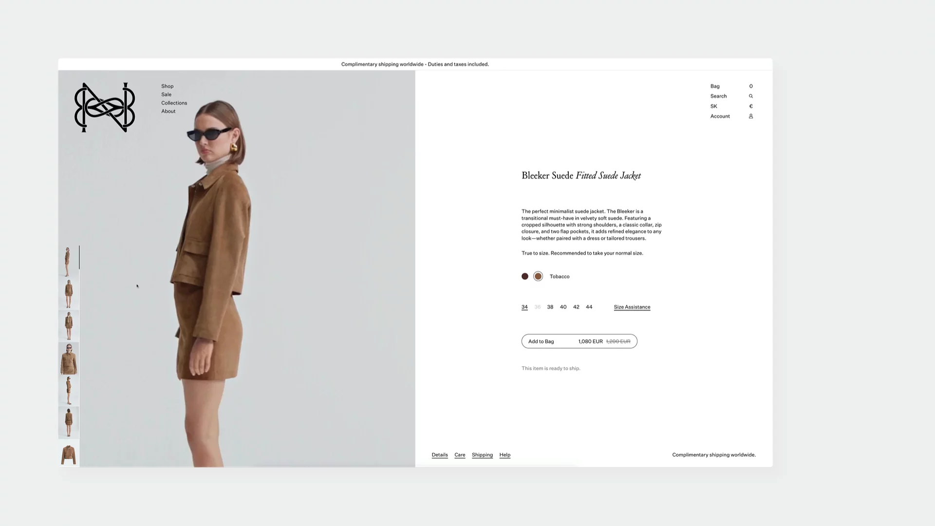 Luxury fashion product page for a suede jacket, showing vertical thumbnail gallery with a mix of full-body and close-up views. Hover microinteractions trigger subtle zoom on thumbnails and reveal motion-enabled miniatures, enhancing the tactile sense of the material. The transition between detail shots and styled model views gives users both texture and fit context, reinforcing the brand’s refined, high-end experience.