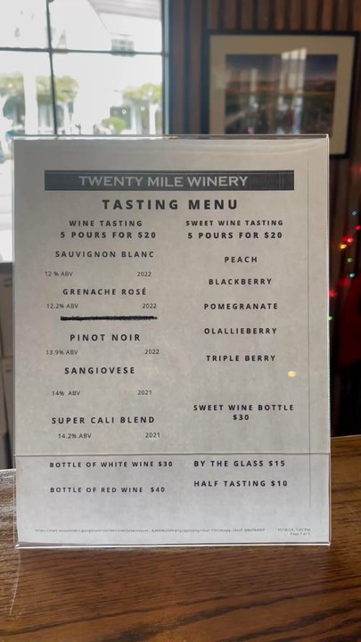 Twenty Mile Winery - Wine testing menu - Wine Tasting Room Near Me - Solvang, California
