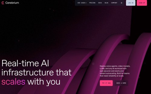 Cerebrium homepage hero with dark theme, purple 3D ribbon graphics, and the headline Real-time AI infrastructure that scales with you