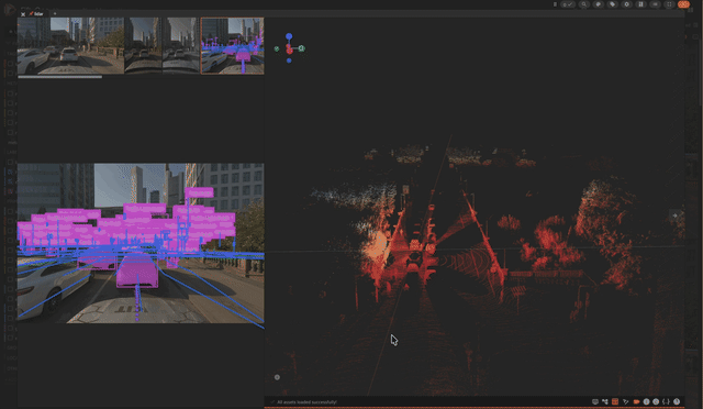 A grouped FiftyOne build of KITScenes Multimodal high-fidelity robotaxi dataset, where every camera, a fused seven-lidar-and-three-radar point cloud, and a reprojection-accurate HD map for one driving instant all live under a single group id.